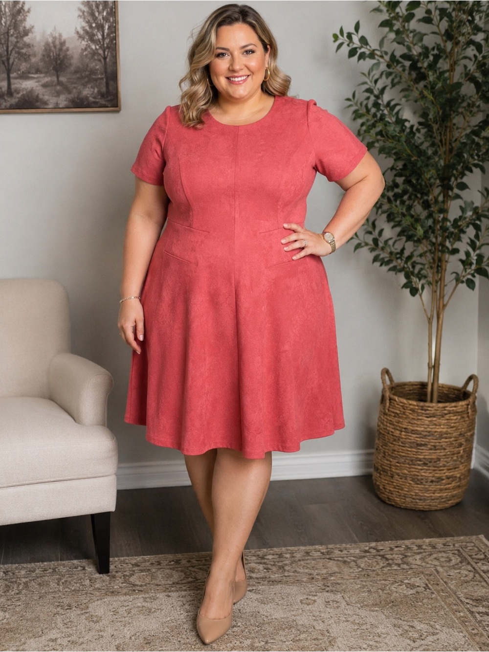 NWT Calvin Klein Faux Suede Fit & Flare Dress Women’s Size16W Coral Pink